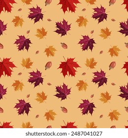 autumn seamless pattern on a beige background, autumn maple leaves, vector illustration