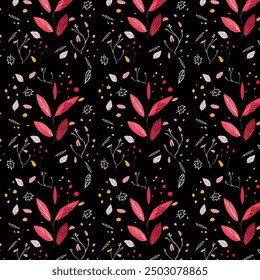 Autumn seamless pattern on a black background with red leaves and branches. Perfect for wrapping paper, posters, and invitations. Elegant and striking autumn design.