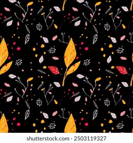 Autumn seamless pattern on a black background with yellow leaves and branches. Great for textiles, packaging, and digital designs. Bold and vibrant fall design.