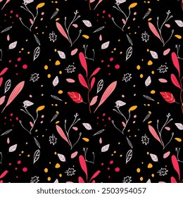 Autumn seamless pattern on a black background with red leaves and branches. Ideal for wallpapers, clothing, and print materials. Classic and dramatic fall design.