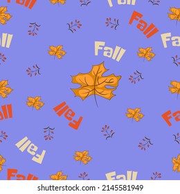 Patrón ininterrumpido de otoño sobre un fondo azul con hojas y letras de otoño. Hojas de otoño dibujadas a mano, texto acogedor.