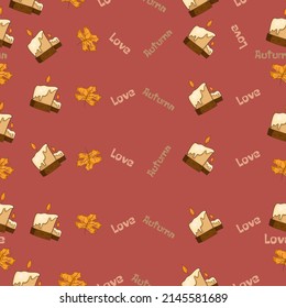 Autumn seamless pattern on a brown background with leaves and a beautiful candle, as well as an autumn inscription. Hand drawn autumn leaves, cozy text.