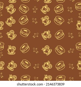 Autumn seamless pattern on brown background with tea and donuts. Hand drawn cozy tea and delicious donuts. Texture for scrapbooking, wrapping paper, invitations. Vector illustration.