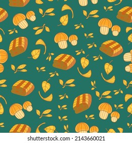 Autumn seamless pattern on a coniferous, green background with cozy mushrooms and leaves. Hand drawn autumn mushrooms, plaid and leaves. Texture for scrapbooking, wrapping paper, invitations.