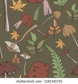 Autumn seamless pattern on the dark background, with mushrooms and plants, vector illustration for your design.