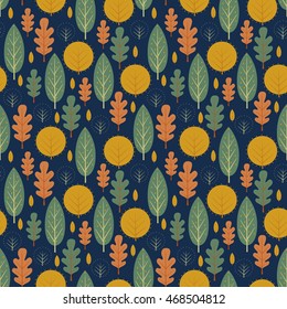 Autumn seamless pattern on dark blue background. Decorative leaves vector illustration. Cute forest background with trees. Scandinavian style nature design for textile, wallpaper, fabric, decor.