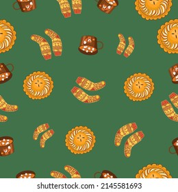 Autumn seamless pattern on a green background with socks and cake, tea. Hand drawn autumn socks, cozy cake and delicious tea. Texture for scrapbooking, wrapping paper, invitations.
