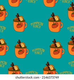 Autumn seamless pattern on a green background with pumpkin punch and autumn lettering. Texture for scrapbooking, wrapping paper, invitations. Vector illustration.