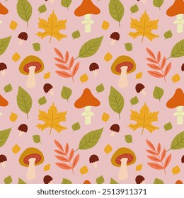 Autumn Seamless Pattern on Pink Background, Mushrooms and Leaves Seamless Pattern