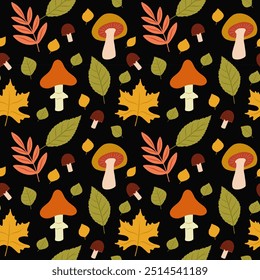 Autumn Seamless Pattern on Pink Background, Mushrooms and Leaves Seamless Pattern
