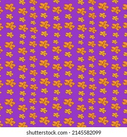 Autumn seamless pattern on purple background with cozy autumn leaves. Hand drawn autumn leaves and coziness. Texture for scrapbooking, wrapping paper, invitations.