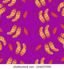 Patrón ininterrumpido de otoño sobre fondo morado con calcetines cómodos y hojas de otoño. Textura para la reserva de recortes, papel de envoltura, invitaciones. Ilustración vectorial.