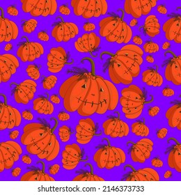 Autumn seamless pattern on purple background with cozy pumpkins.  Great for fabric, wallpaper, textile, packaging. Vector illustration.