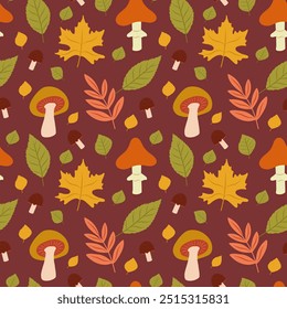 Autumn Seamless Pattern on reddish Background, Mushrooms and Leaves Seamless Pattern