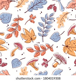 Autumn seamless pattern on a white background. Leaves, mushrooms, acorns, berries. Vector.