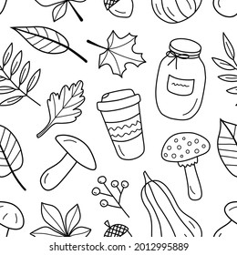 Autumn seamless pattern on a white background in black. Vector illustration for postcards, packaging, posters, seasonal advertising