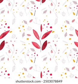 Patrón sin fisuras de otoño sobre un fondo blanco con hojas y ramas rosas y rojas. Ideal para tela, papelería y decoración del hogar. Toque otoñal brillante y acogedor