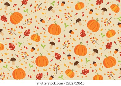 Autumn seamless pattern on yellow background with pumpkins, leaves and mushrooms, wrapping paper design in flat cartoon style vector