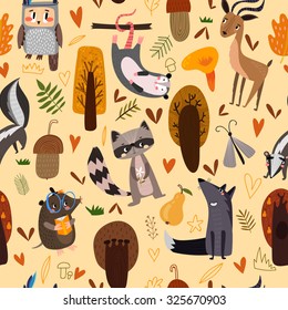 Autumn seamless pattern with opossum, owl, raccoon, wolf, deer and mole. Lovely forest background with cute animals  in bright colors in vector