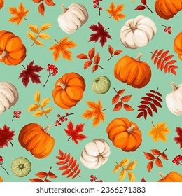 Autumn seamless pattern with orange, brown, and yellow autumn leaves, orange and white pumpkins, and rowanberries on a green background. Vector seamless background