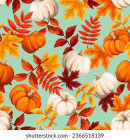 Autumn seamless pattern with orange, brown, and yellow autumn leaves and orange and white pumpkins on a green background. Vector seamless print