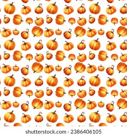 Patrón ininterrumpido de otoño con hojas de otoño naranjas y calabazas de color naranja y acuarela