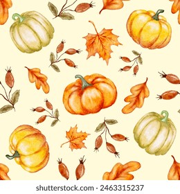 Autumn seamless pattern with orange leaves and fall season pumpkins, watercolor vector