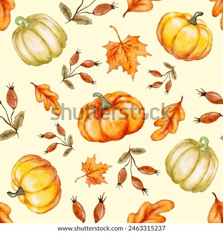 Autumn seamless pattern with orange leaves and fall season pumpkins, watercolor vector