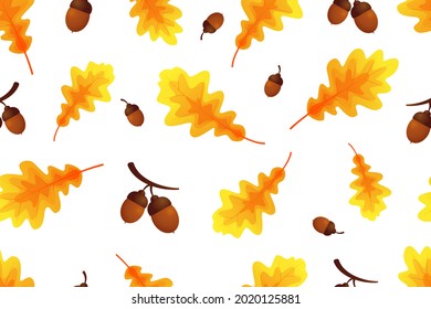 Autumn seamless pattern, orange oak leaves and acorns on white background. Perfect for wallpaper, gift paper, template fill, web page, autumn greeting cards. Vector illustration