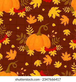 Autumn seamless pattern. Orange pumpkin with variegated multi-colored autumn leaves with bunches red rowan on brown background. Vector autumnal illustration for design, packaging, wallpaper, textile