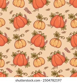 Autumn seamless pattern. Orange pumpkin with leaves on yellow background. Vector autumnal illustration for design, packaging, wallpaper, textile