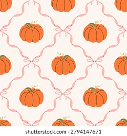 Autumn seamless pattern with orange pumpkin vegetables. Coquette repeating background with ribbon frames and pink bows. Vector design for fabric, wallpaper and wrapping paper.