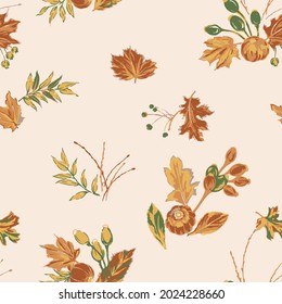 autumn seamless pattern with orange pumpkins, colorful tree leaves and red berries. Fall symbols, isolated on half white background. 