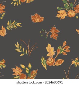 autumn seamless pattern with orange pumpkins, colorful tree leaves and red berries. Fall symbols, isolated on black background. 