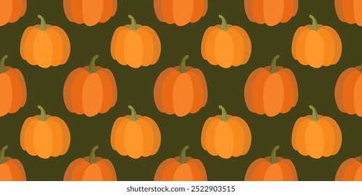 Patrón sin fisuras de otoño de calabazas naranjas. Ornamento de la planta de repetición. Decoración de Festiva de calabazas brillantes sobre fondo verde oscuro. Feliz Día de Acción de Gracias y patrón de Vector de Halloween. Diseño de temporada de otoño.