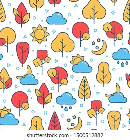 Autumn seamless pattern with orange, red and yellow trees, sun, clouds, moon. Modern flat outline vector illustration. Abstract texture for print, wrap paper, fabric, textile design, decor, background