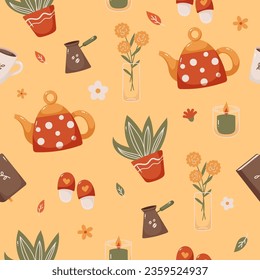 Autumn seamless pattern in orange tones, cozy objects. Seamless pattern. Vector.