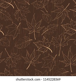 Autumn seamless pattern with outline leaves on brown background