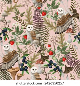 Autumn seamless pattern with owl, berries and fern. Vector