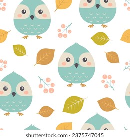 autumn seamless pattern with owl and leaves, flat vector illustration which can be used as wallpaper or wrapping paper