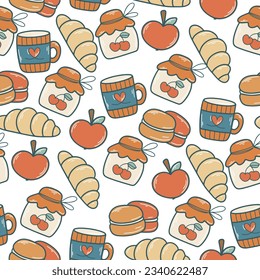 Autumn seamless pattern with pastries. Background with croissant, tea, apple, macarons and cherry jam. Food print for textile, digital paper, cafe design, vector illustration