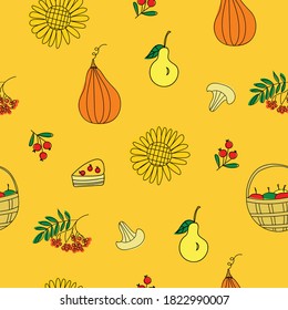 Autumn seamless pattern with  pear, pumpkin, mushroom, berries. Thanksgiving seamless print for wrapping, textile, fabric, wallpaper
