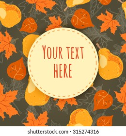 autumn seamless pattern with pears and leaves on dark background with round frame.