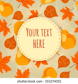 autumn seamless pattern with pears and leaves on light background with round frame.