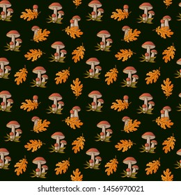 Autumn seamless pattern with penny bun mushrooms and autumn leaves. Autumn hand drawn pattern for gift paper, pattern fills, web page background, autumn greeting card.