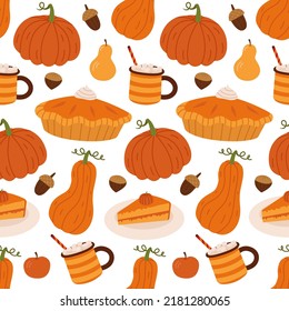 Autumn seamless pattern with pies, cocoa, pumpkins,  leaves, nuts and acorns. Bright repeating texture. Wrapping paper. Autumn harvest.