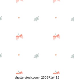 Autumn seamless pattern. Pink acorns, stars and leaves on a white background. Magical atmosphere.