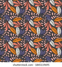 Autumn seamless pattern with pink yellow and blue leaves