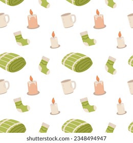 Autumn seamless pattern with plaid socks and candles