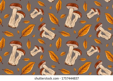 Autumn seamless pattern with porcini mushrooms and autumn leaves. Autumn hand drawn pattern for gift paper, web page background, autumn greeting card.